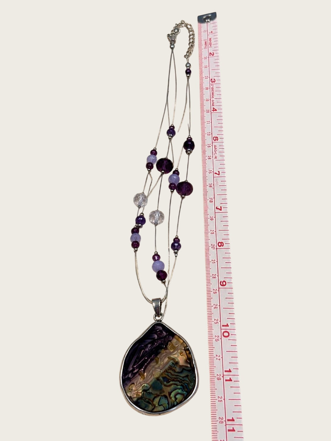 Abalone Shell Pendant Necklace, Purple Beaded Multi-Strand Fashion Necklace, Silver Tone Costume Jewelry