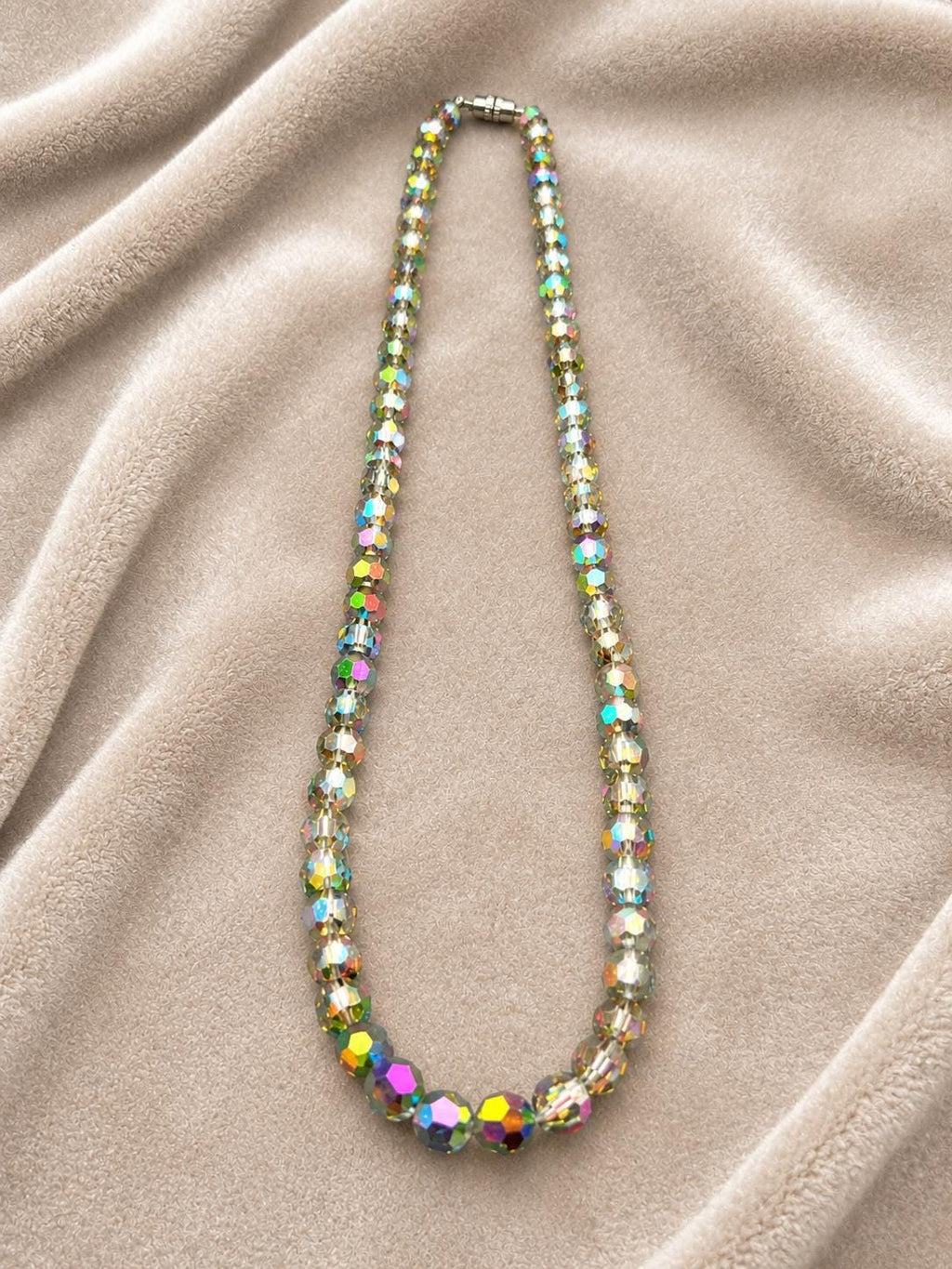 Aurora Borealis Crystal Bead Necklace, Faceted AB Glass Beads, Rainbow Iridescent Costume Jewelry