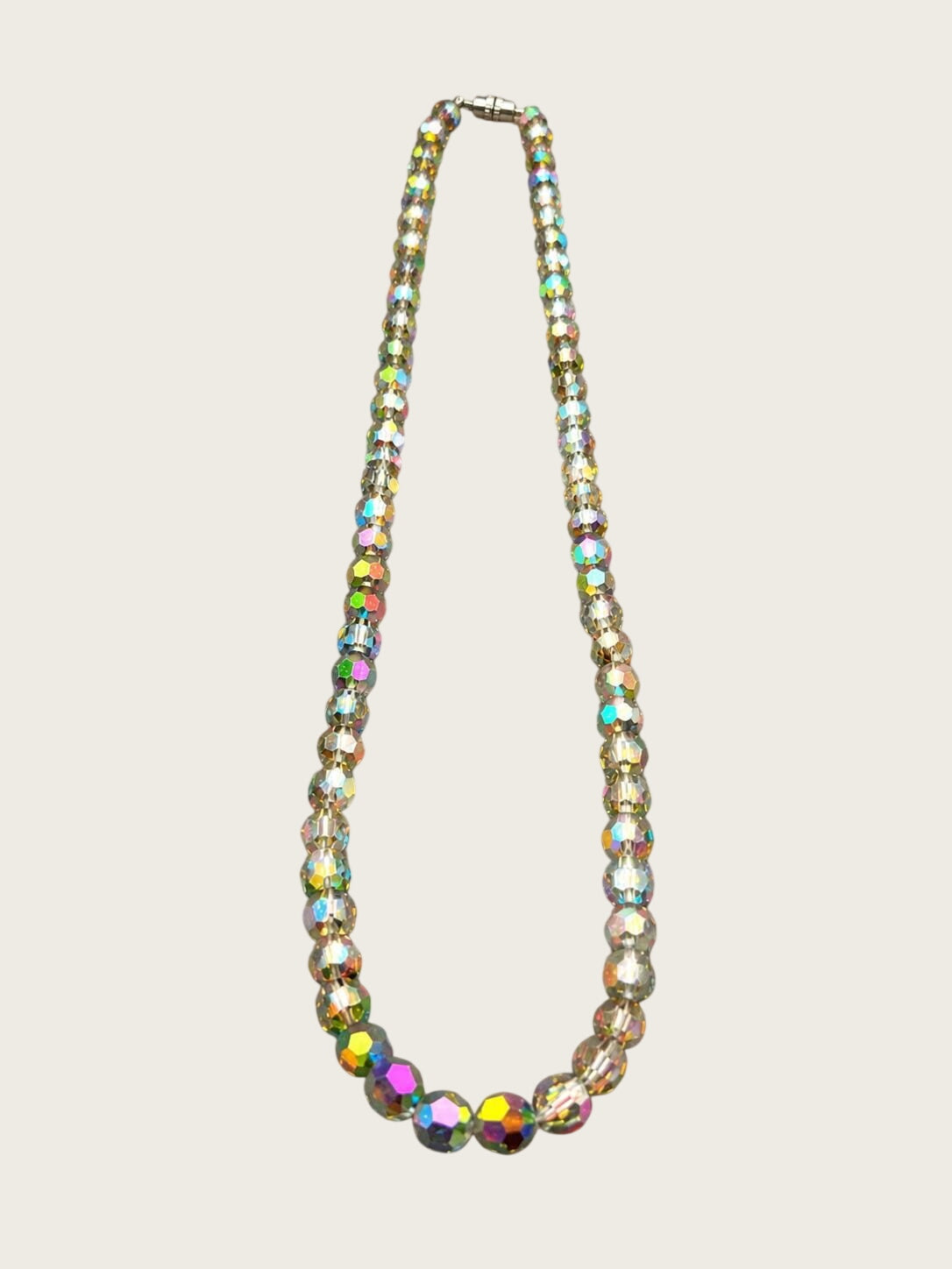 Aurora Borealis Crystal Bead Necklace, Faceted AB Glass Beads, Rainbow Iridescent Costume Jewelry