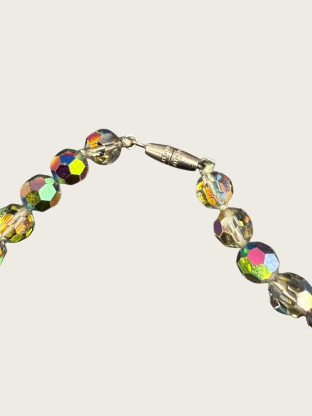 Aurora Borealis Crystal Bead Necklace, Faceted AB Glass Beads, Rainbow Iridescent Costume Jewelry
