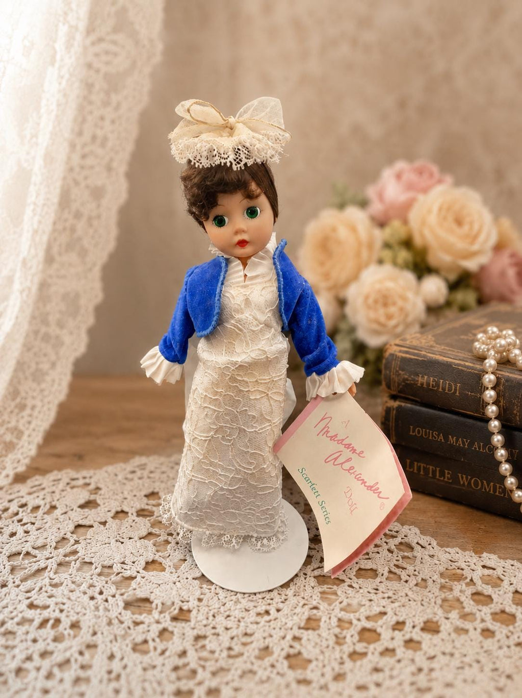 Vintage Madame Alexander Scarlett Doll  White Lace Gown, Blue Jacket