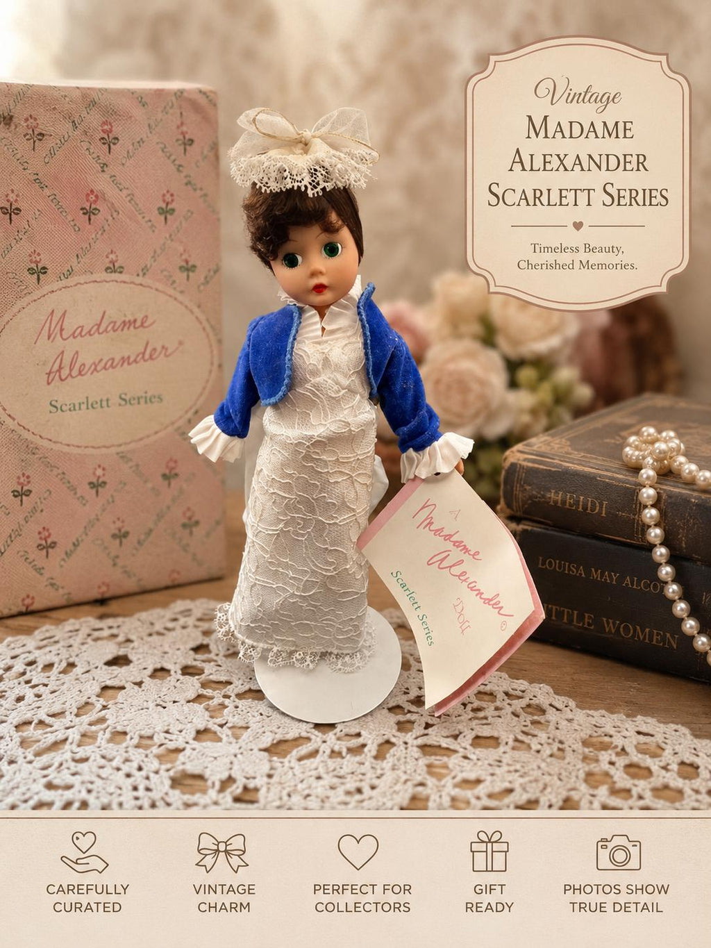 Vintage Madame Alexander Scarlett Doll  White Lace Gown, Blue Jacket