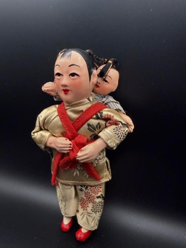 Vintage Japanese Mother & Child Doll, Mid-Century, Likely 1940s1960s, Traditional Kimono Display Doll