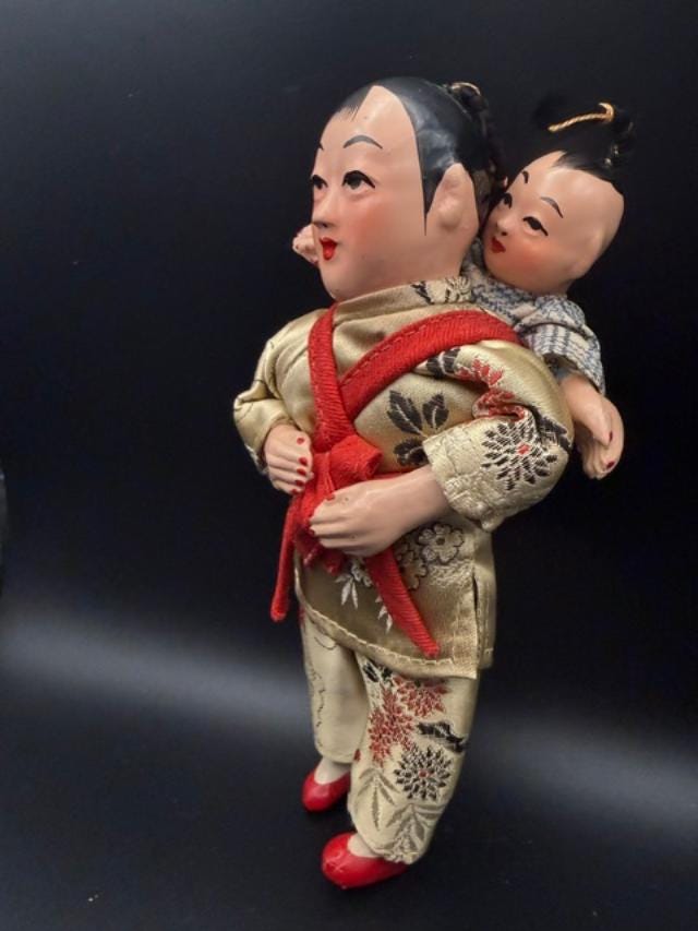 Vintage Japanese Mother & Child Doll, Mid-Century, Likely 1940s1960s, Traditional Kimono Display Doll