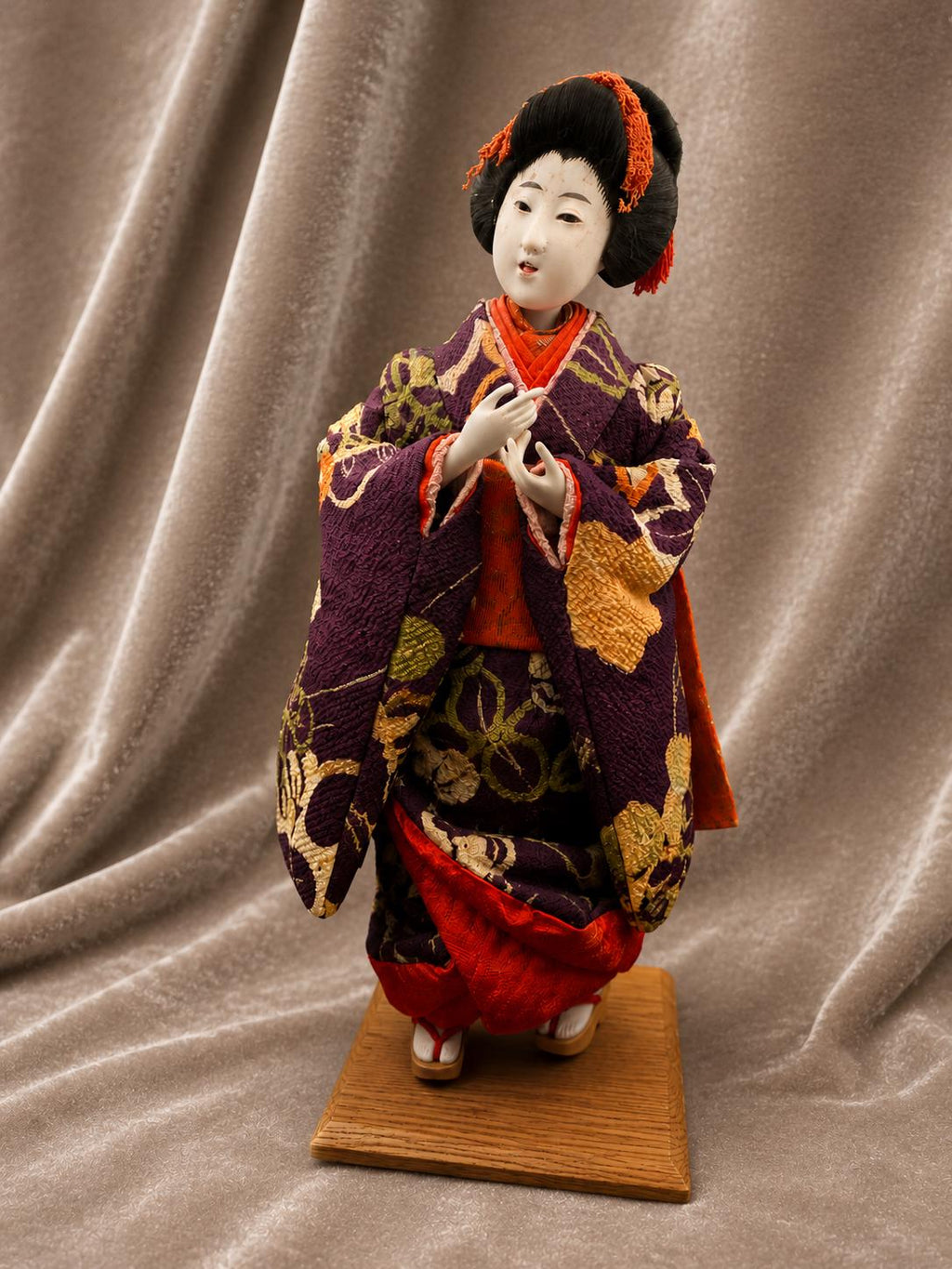 Vintage Japanese Geisha Doll on Wood Stand  10" Traditional Kimono Display Doll