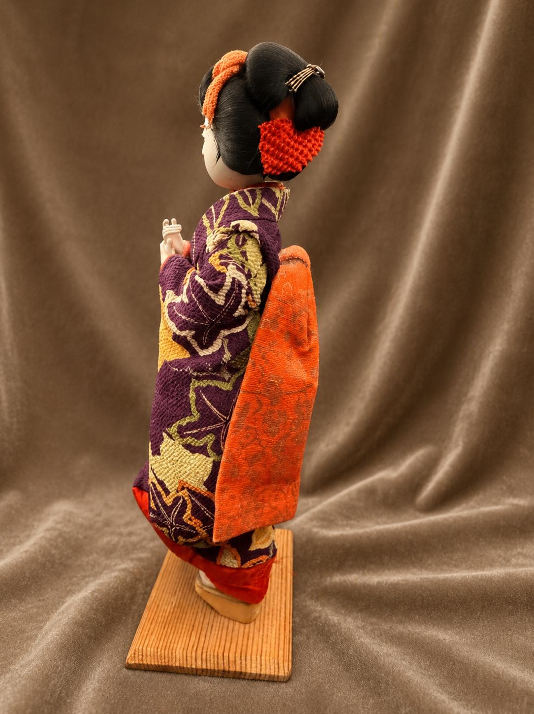 Vintage Japanese Geisha Doll on Wood Stand  10" Traditional Kimono Display Doll