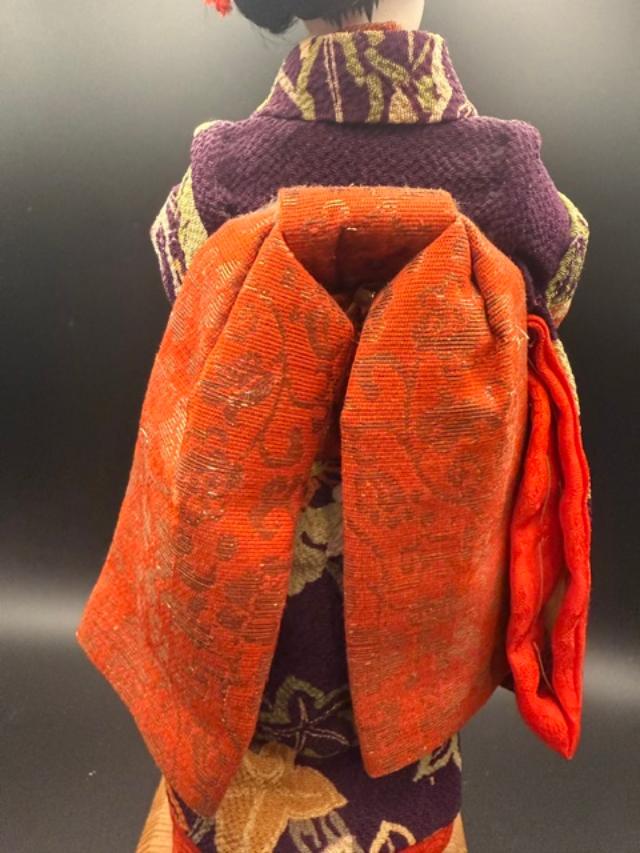 Vintage Japanese Geisha Doll on Wood Stand  10" Traditional Kimono Display Doll