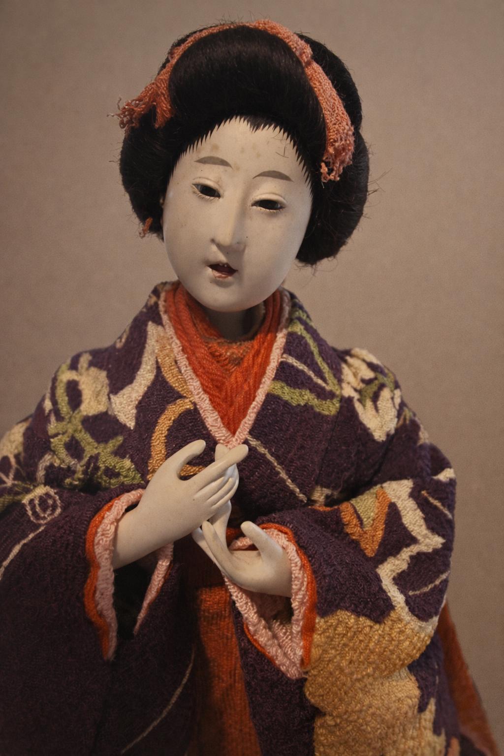 Vintage Japanese Geisha Doll on Wood Stand  10" Traditional Kimono Display Doll