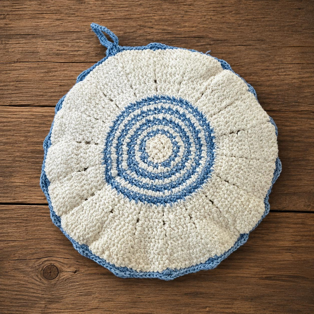 Handmade Crochet Potholder Trivet Blue & Cream Sunburst Round Kitchen Decor