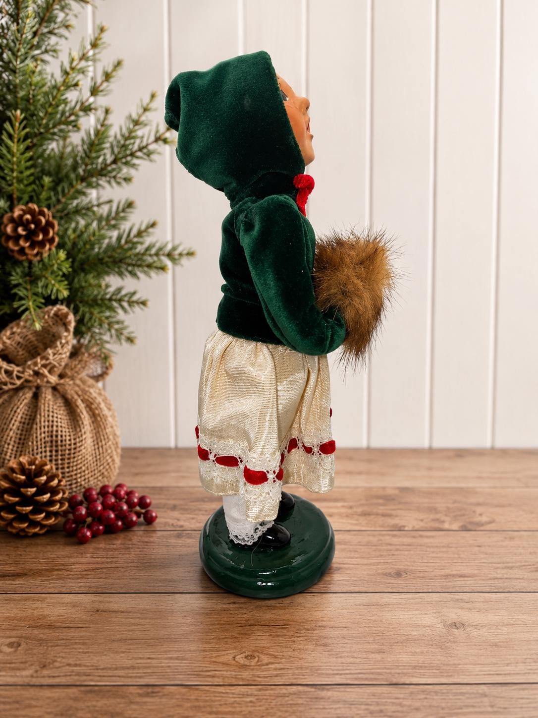 Byers Choice Victorian Child Caroler Doll 2005 Green Velvet Christmas Figurine with Fur Muff