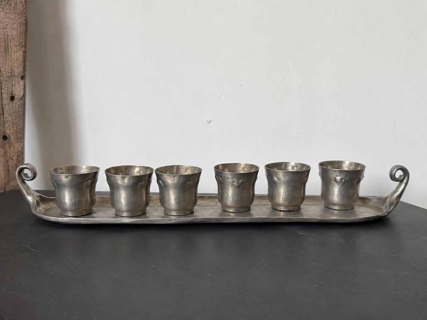 Signed A.E. Chanal French Pewter Cordial Set, Hand-Wrought Tray, 6 Cups