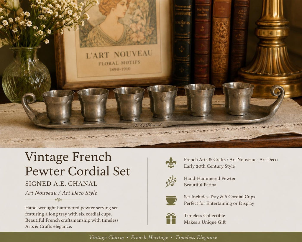 Signed A.E. Chanal French Pewter Cordial Set, Hand-Wrought Tray, 6 Cups