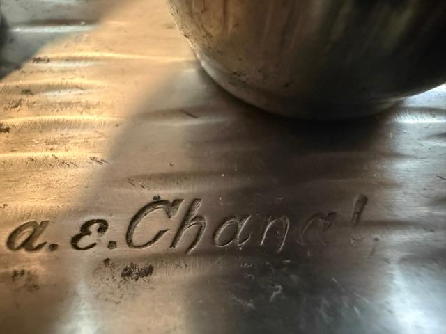 Signed A.E. Chanal French Pewter Cordial Set, Hand-Wrought Tray, 6 Cups