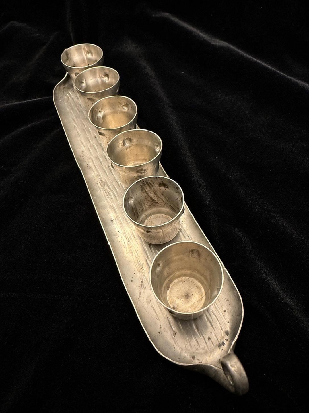 Signed A.E. Chanal French Pewter Cordial Set, Hand-Wrought Tray, 6 Cups