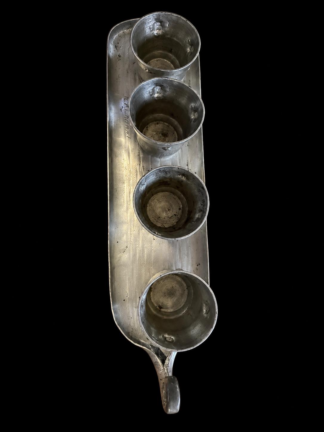 Signed A.E. Chanal French Pewter Cordial Set, Hand-Wrought Tray, 6 Cups