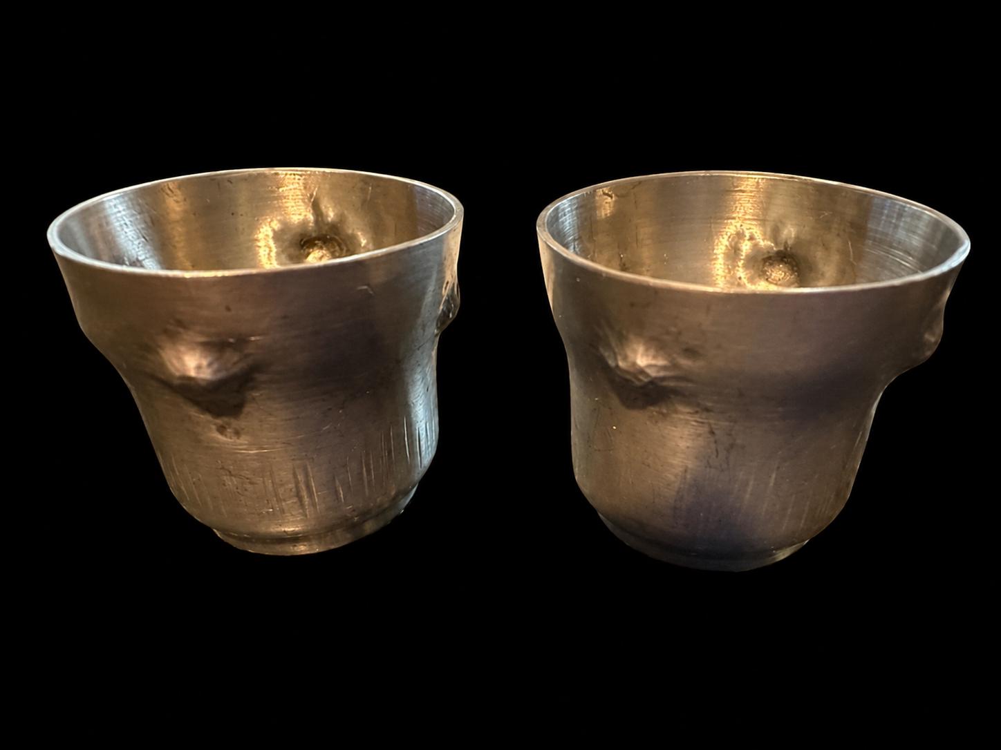 Signed A.E. Chanal French Pewter Cordial Set, Hand-Wrought Tray, 6 Cups