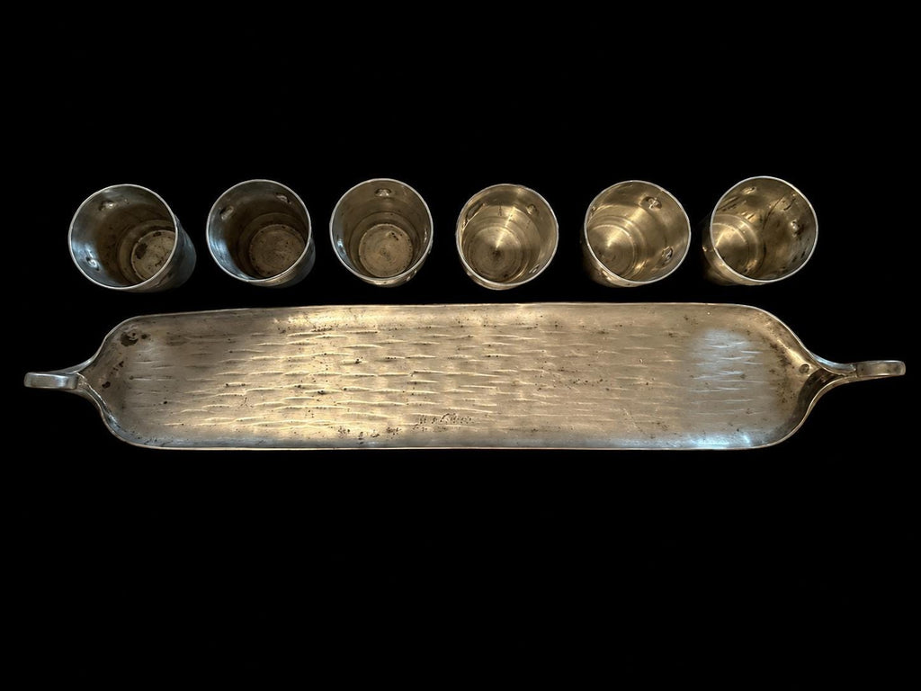 Signed A.E. Chanal French Pewter Cordial Set, Hand-Wrought Tray, 6 Cups