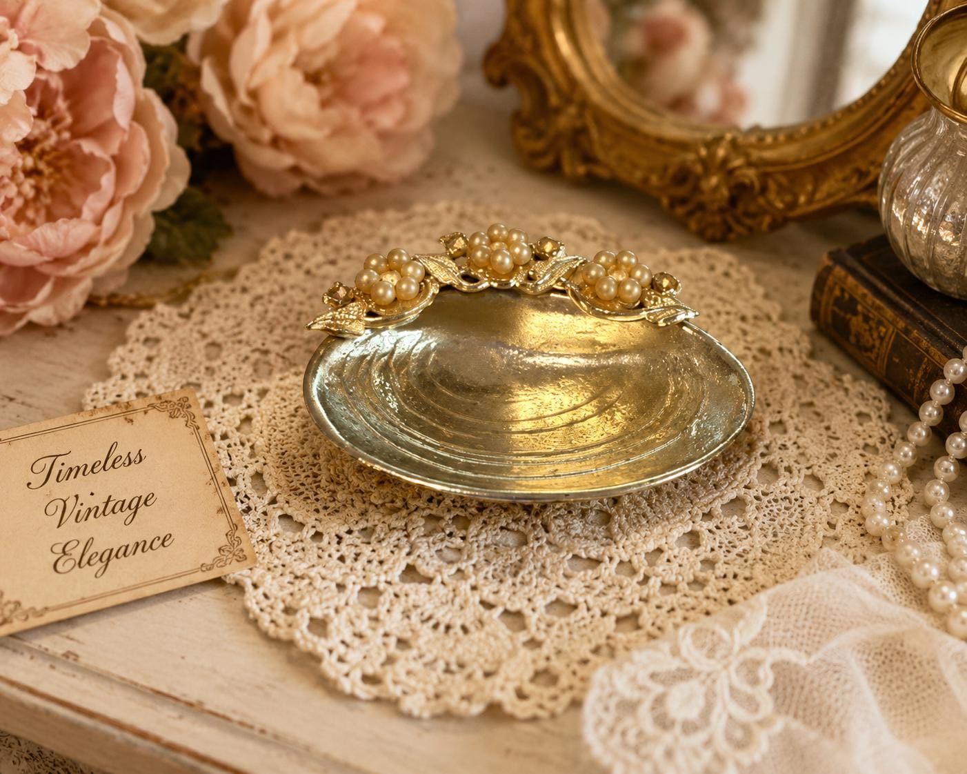 Vintage Gold Shell Trinket Dish Faux Pearl Grapes Footed Vanity Ring Dish Hollywood Regency