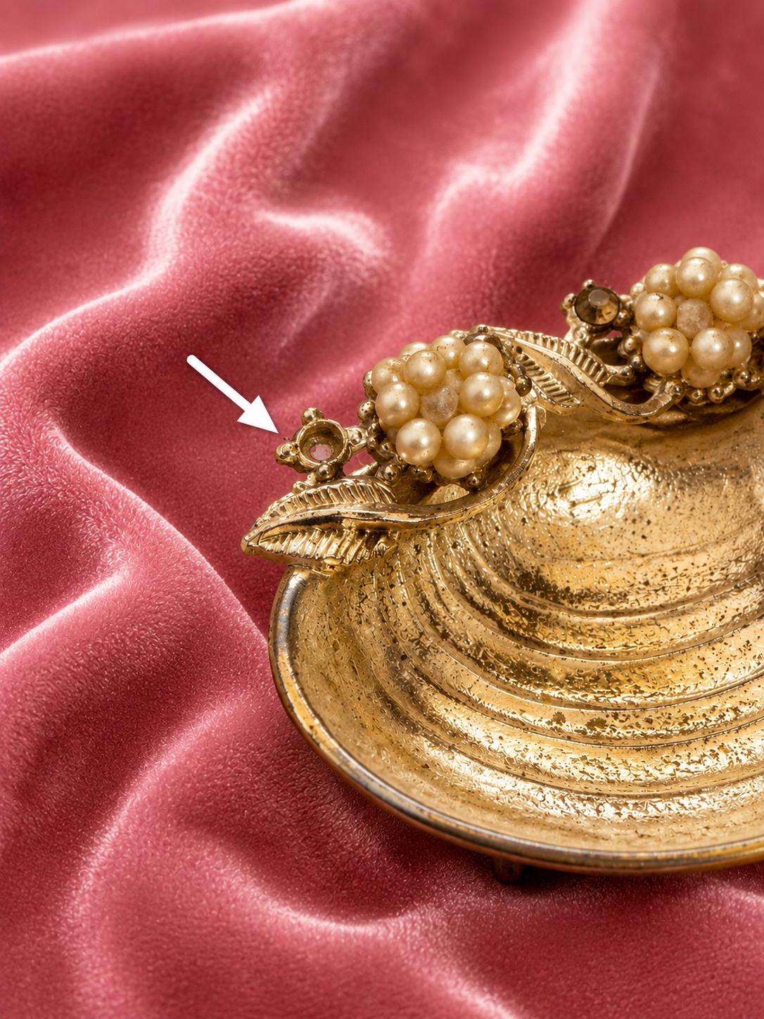 Vintage Gold Shell Trinket Dish Faux Pearl Grapes Footed Vanity Ring Dish Hollywood Regency