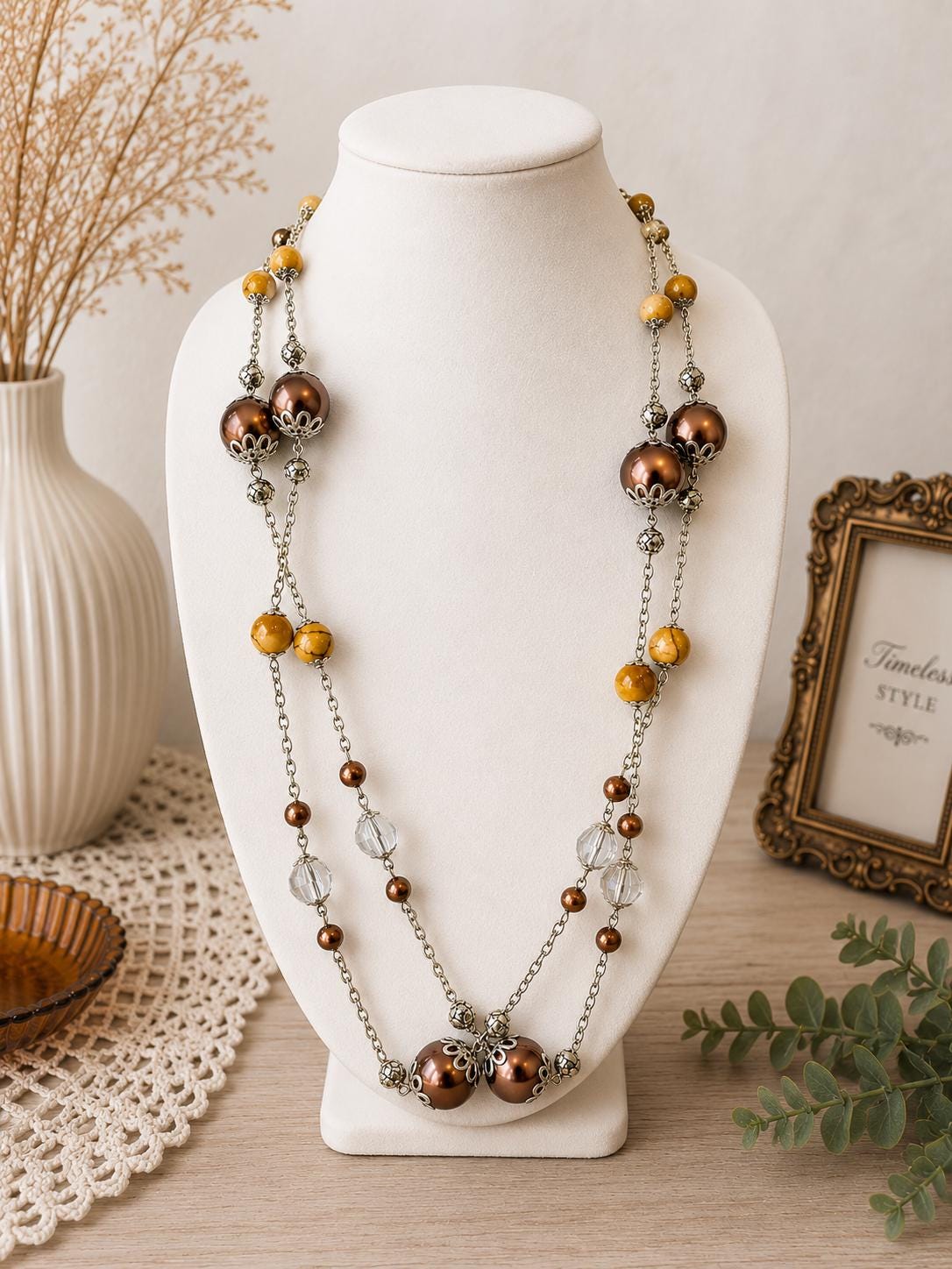 Long Brown Amber Beaded Station Necklace 32" Slip Over Boho Filigree Costume Jewelry