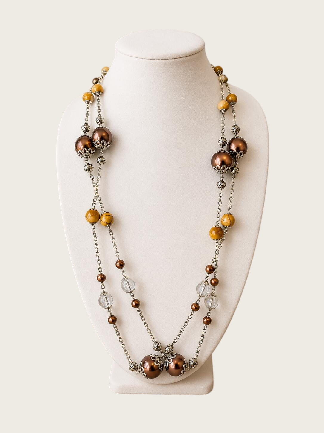 Long Brown Amber Beaded Station Necklace 32" Slip Over Boho Filigree Costume Jewelry
