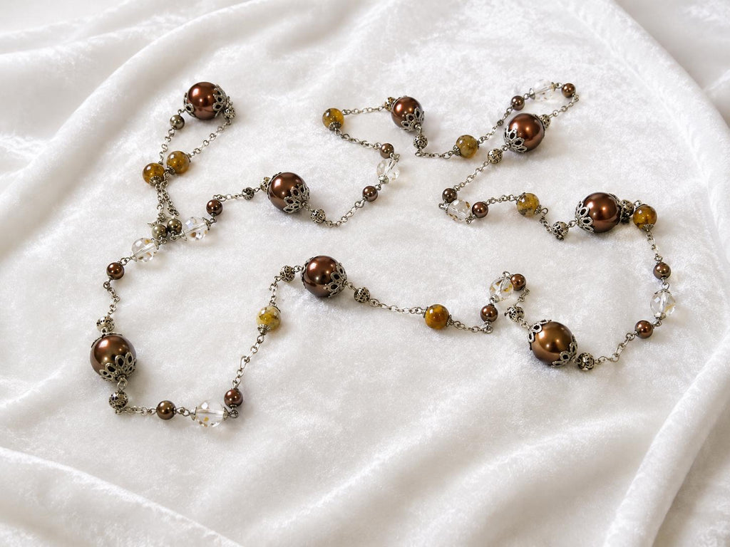 Long Brown Amber Beaded Station Necklace 32" Slip Over Boho Filigree Costume Jewelry
