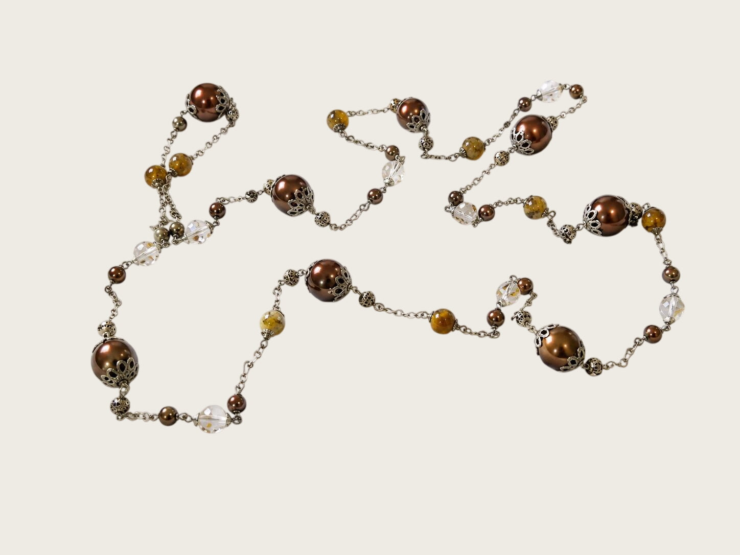 Long Brown Amber Beaded Station Necklace 32" Slip Over Boho Filigree Costume Jewelry
