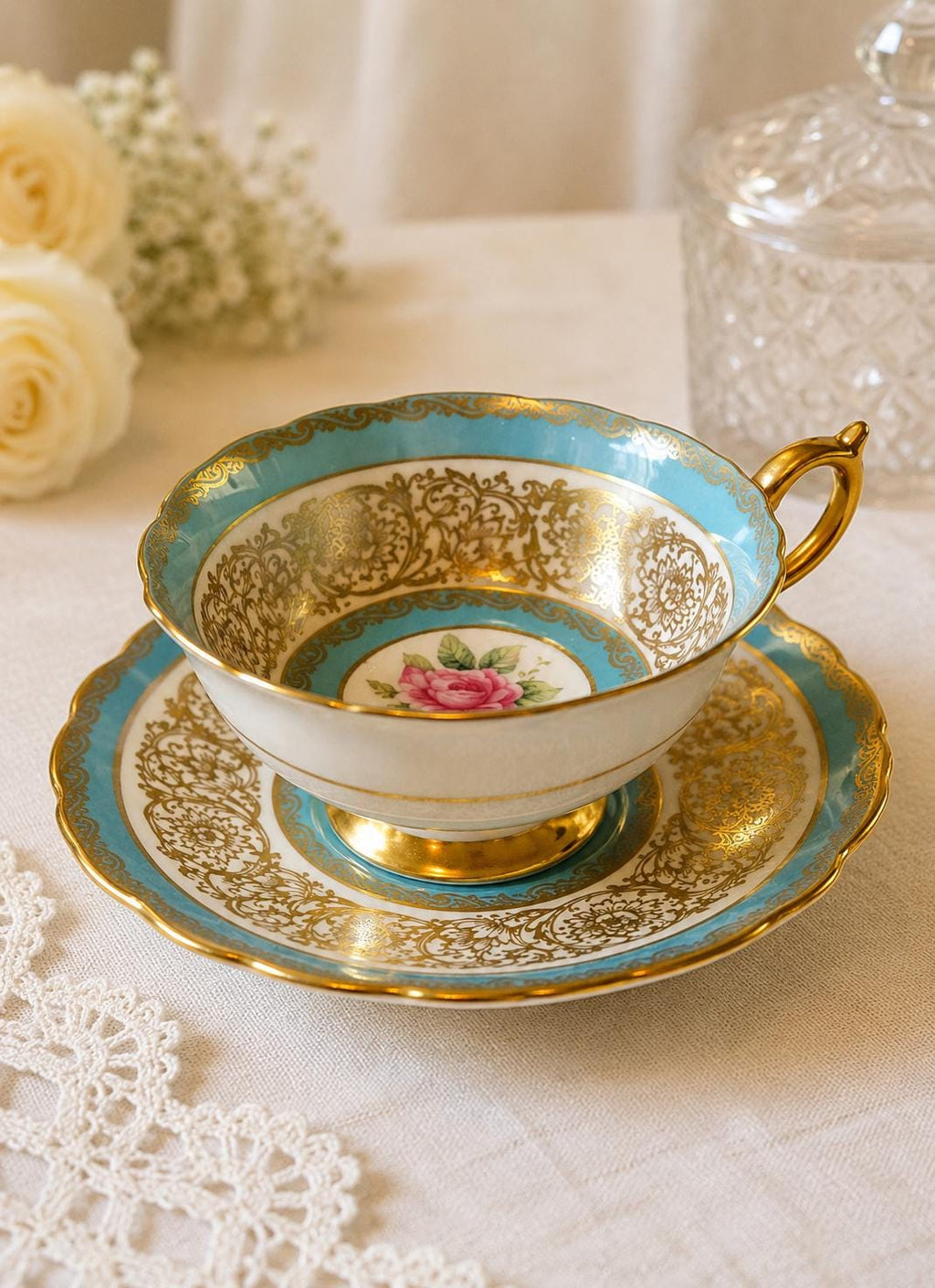 1940s Paragon Turquoise Gold Rose Teacup & Saucer Fine Bone China England A515H