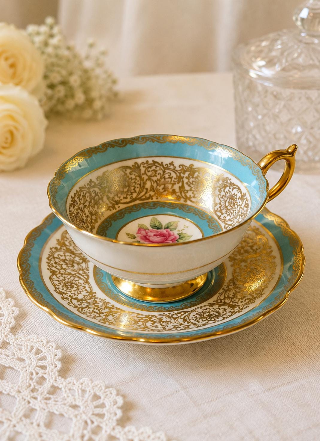 1940s Paragon Turquoise Gold Rose Teacup & Saucer Fine Bone China England A515H