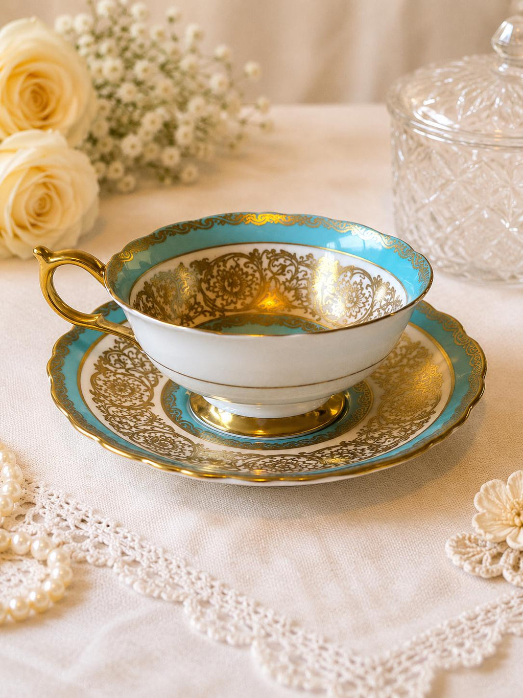 1940s Paragon Turquoise Gold Rose Teacup & Saucer Fine Bone China England A515H
