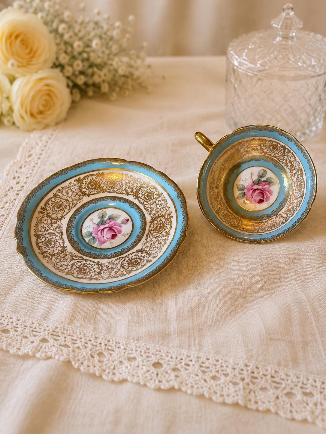 1940s Paragon Turquoise Gold Rose Teacup & Saucer Fine Bone China England A515H