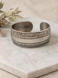 Vintage Silver Tone Geometric Cuff Bracelet, Wide Boho Tribal Open Bangle