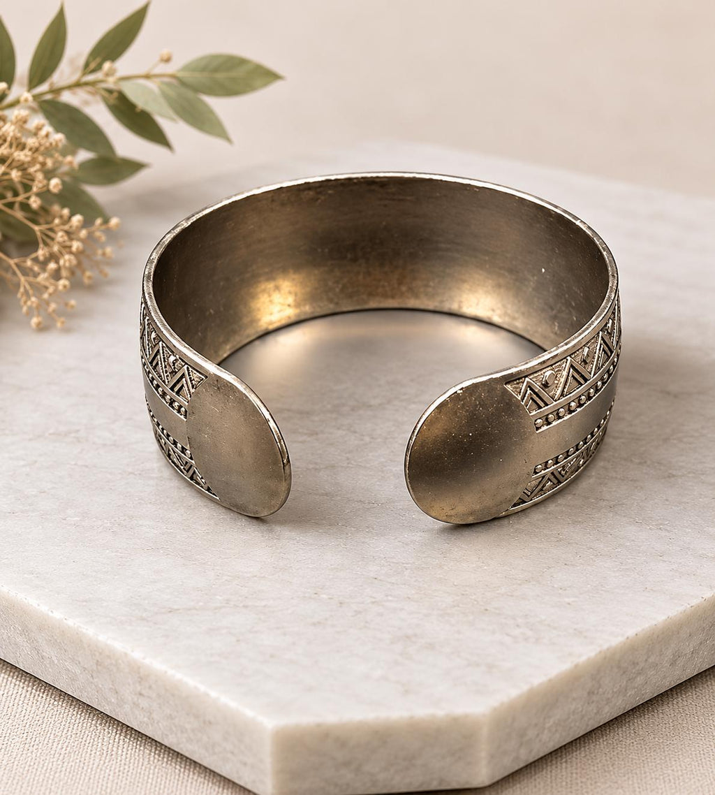 Vintage Silver Tone Geometric Cuff Bracelet, Wide Boho Tribal Open Bangle