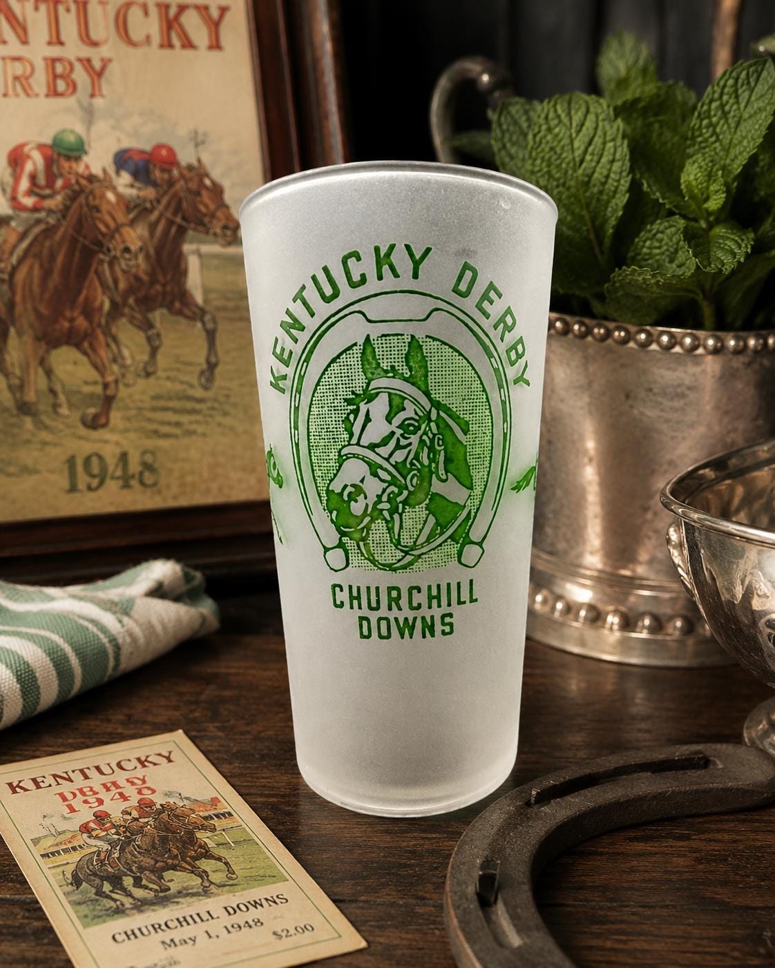 1948 Kentucky Derby Glass  74th Running Official Mint Julep Frosted Collectible