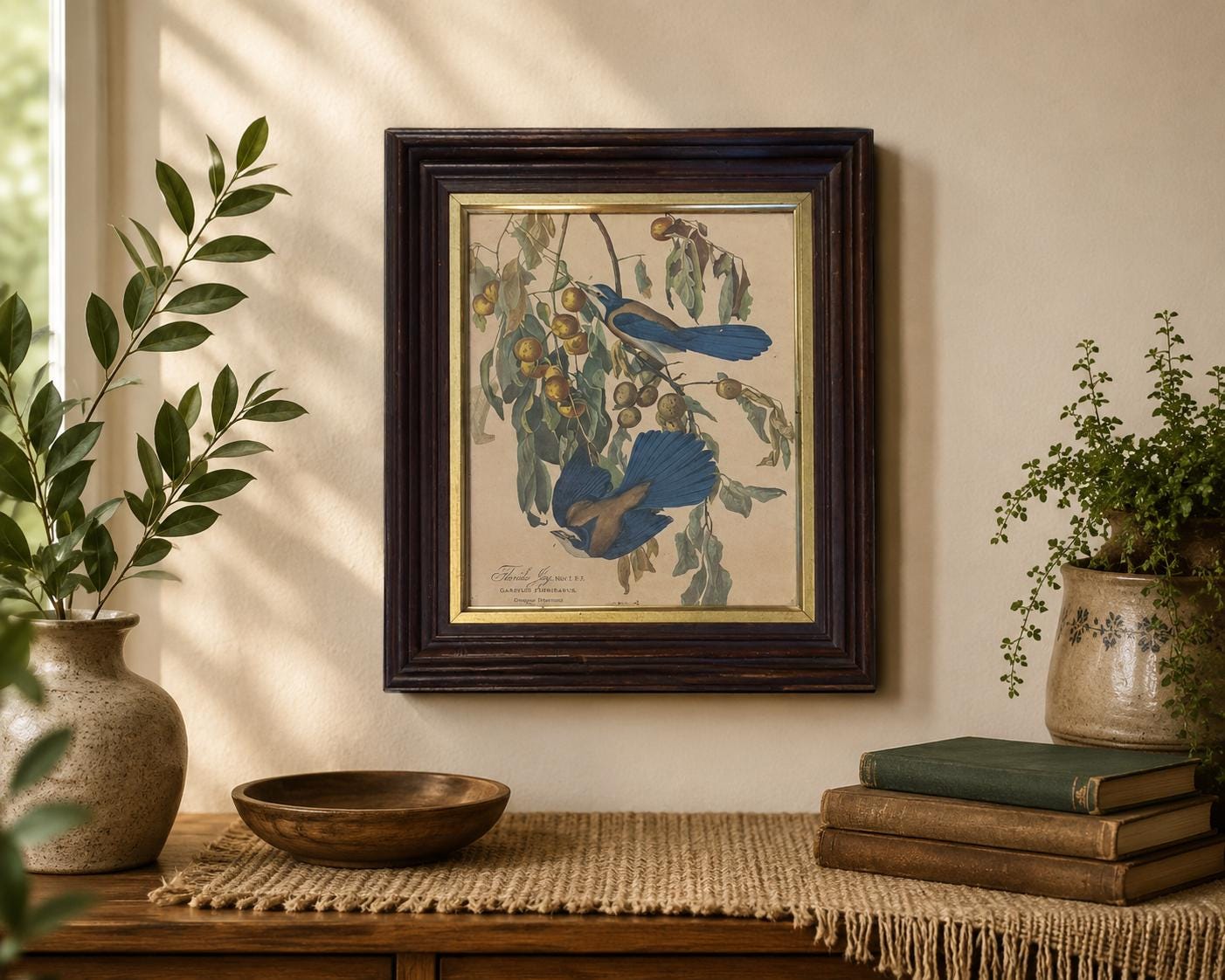 Vintage Wall Art Framed Audubon Florida Jay Bird Print Botanical.