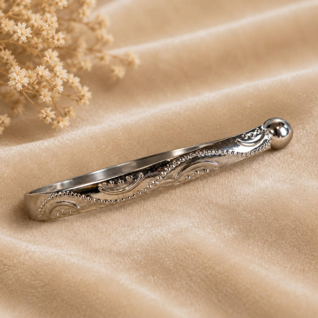 Silver Tone Engraved Open Cuff Bracelet, Floral Scroll Bangle with Ball Ends