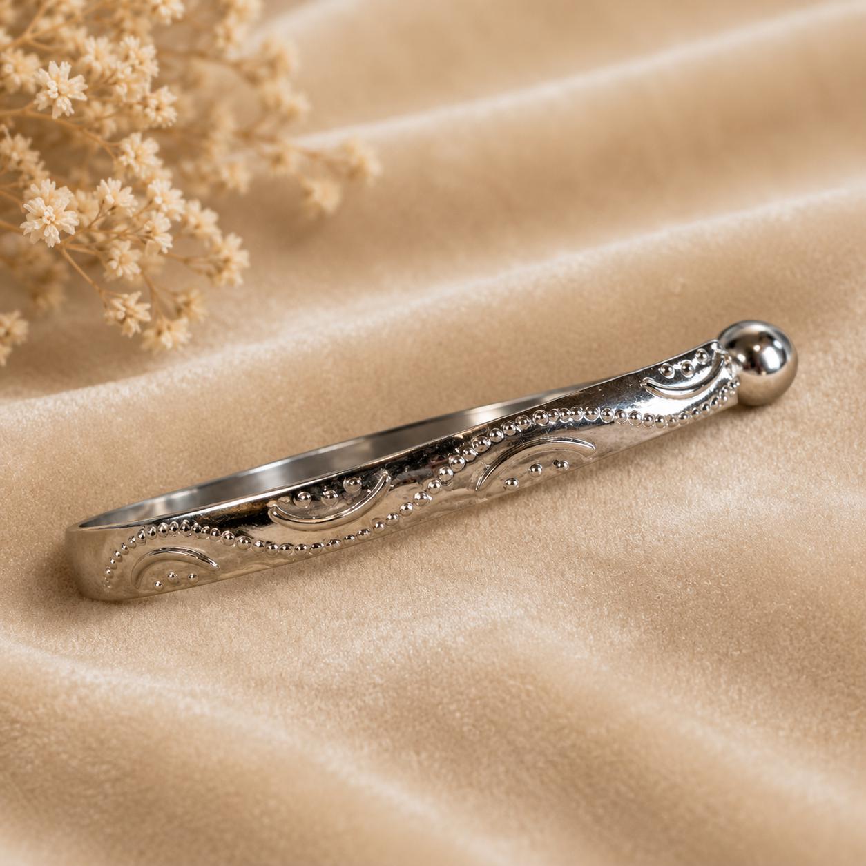 Silver Tone Engraved Open Cuff Bracelet, Floral Scroll Bangle with Ball Ends