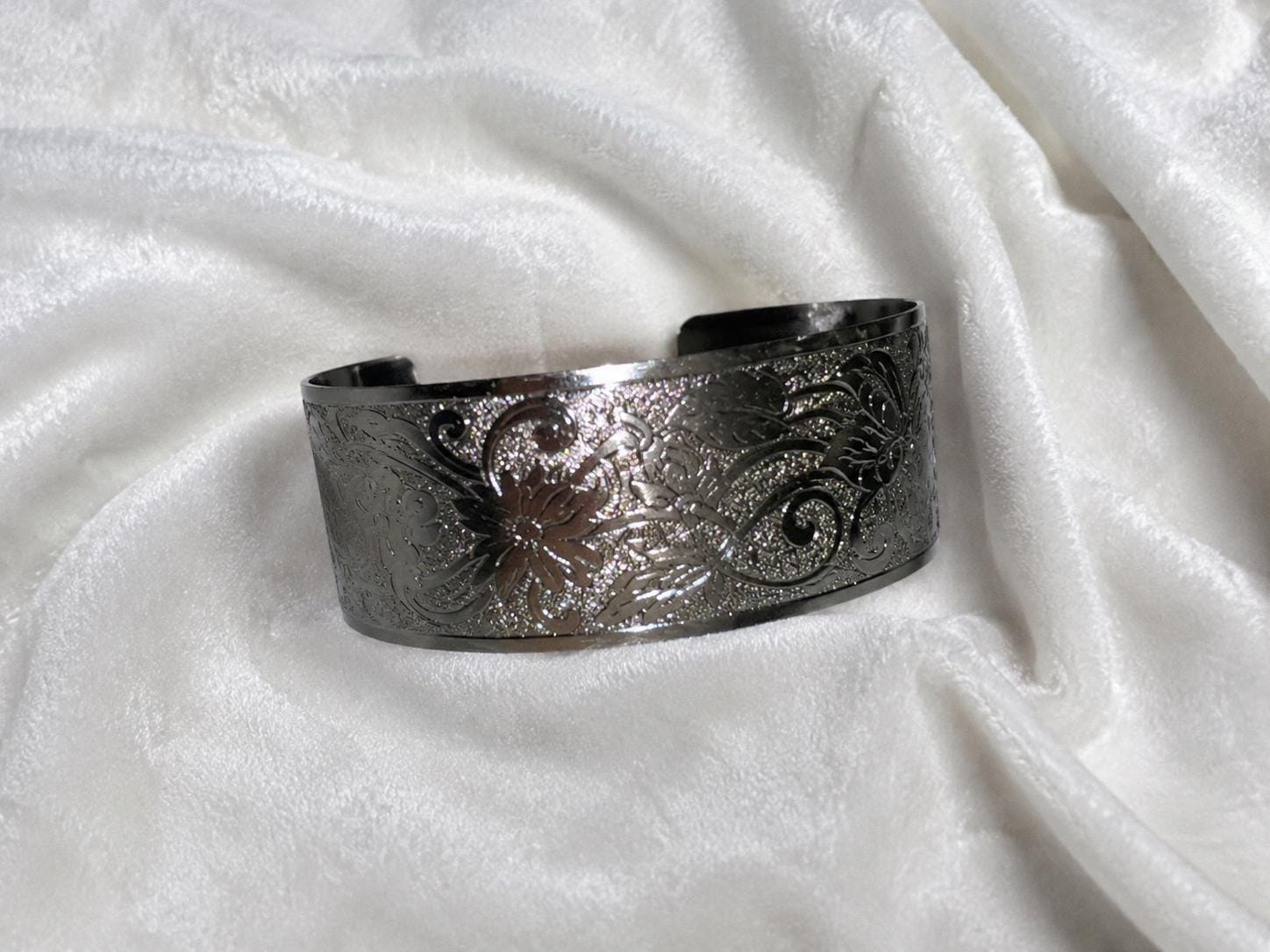 Costume silver Engraved Floral Wide Cuff Bracelet, 1 Inch Wide Jewelry Bangle