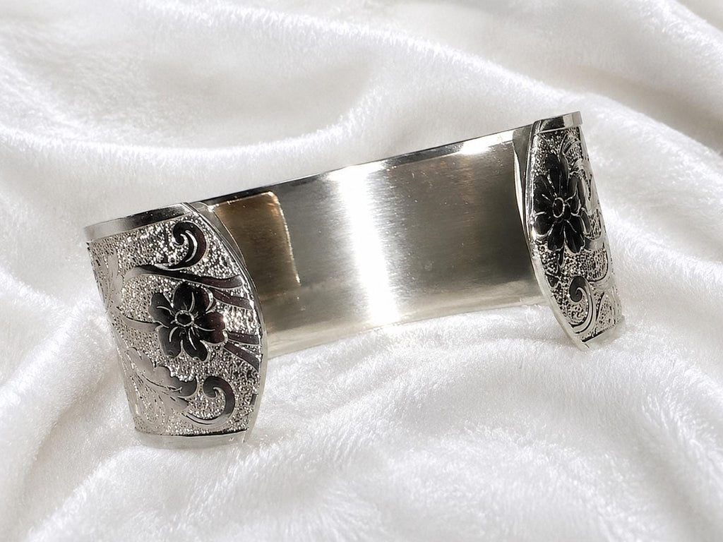 Costume silver Engraved Floral Wide Cuff Bracelet, 1 Inch Wide Jewelry Bangle