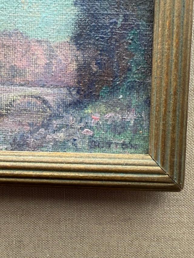 Small Signed Oil Painting Bridge at Staten Island NY Albert Pantic Button
