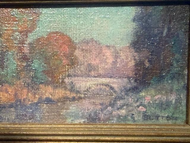 Small Signed Oil Painting Bridge at Staten Island NY Albert Pantic Button