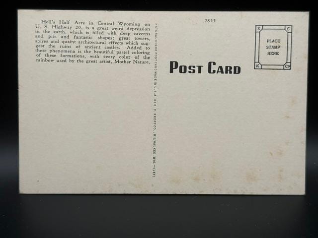 Hells Half-Acre Wyoming Linen Postcard, 1930s1940s