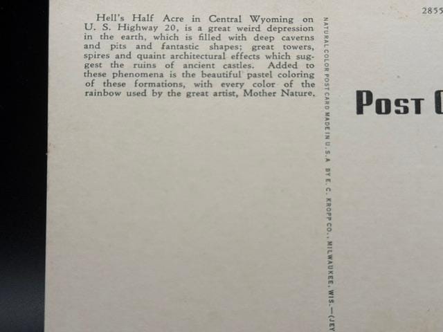 Hells Half-Acre Wyoming Linen Postcard, 1930s1940s