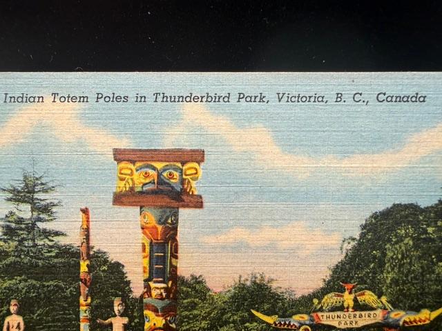 Vintage Thunderbird Park Totem Poles Postcard Victoria BC Canada Linen Style Unposted