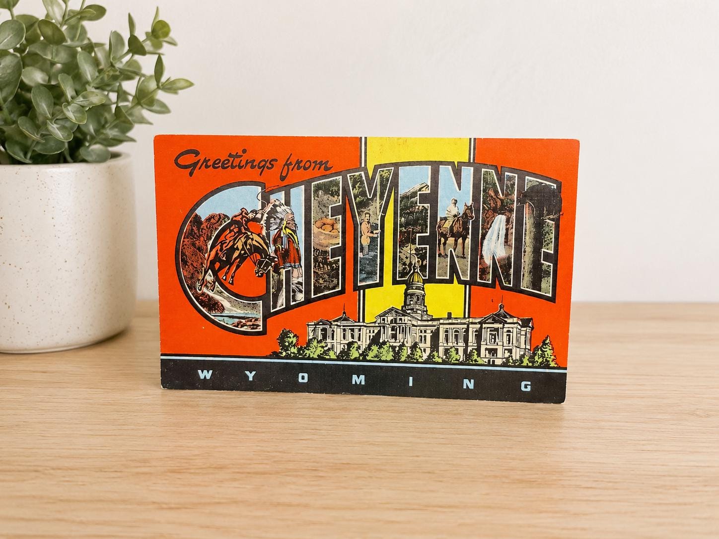 Vintage Greetings From Cheyenne Wyoming Large Letter Linen Postcard Western Cowboy Capitol Souvenir