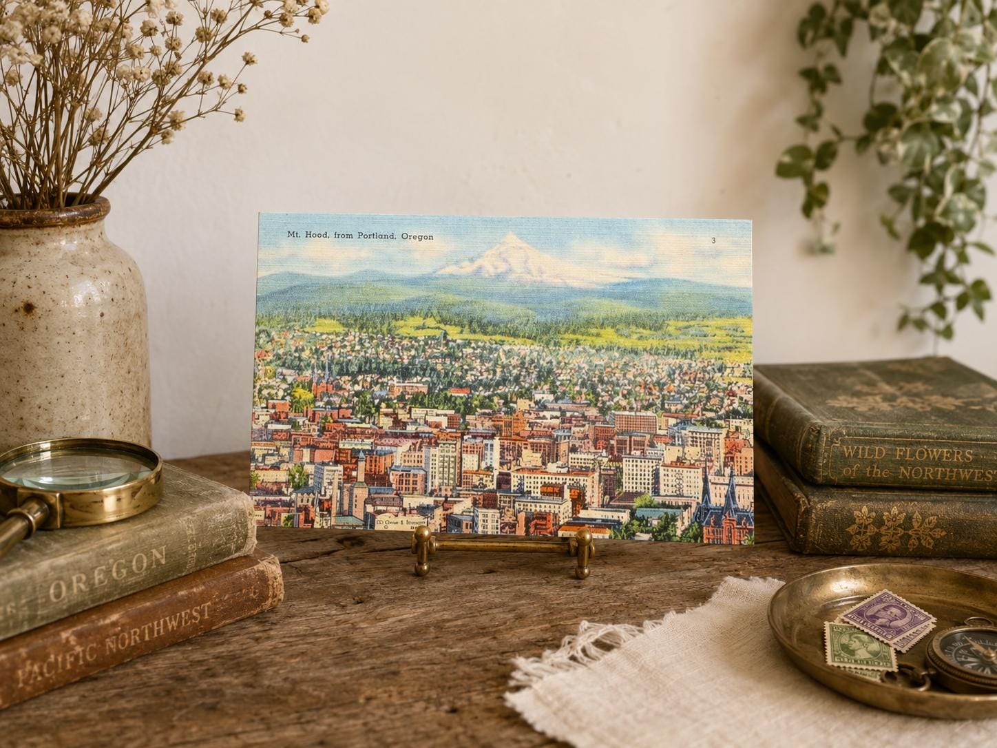 Vintage Mt Hood Portland Oregon Postcard Linen Style Scenic City View