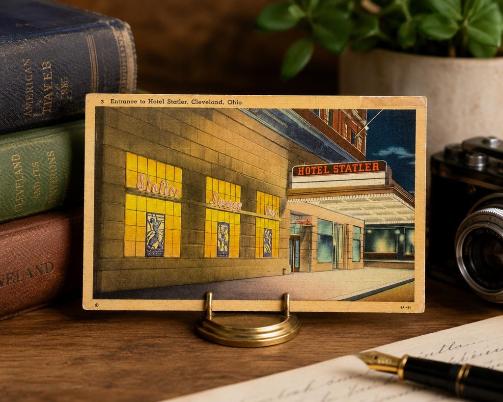 Vintage Hotel Statler Cleveland Ohio Postcard  Linen Night View Entrance Unposted