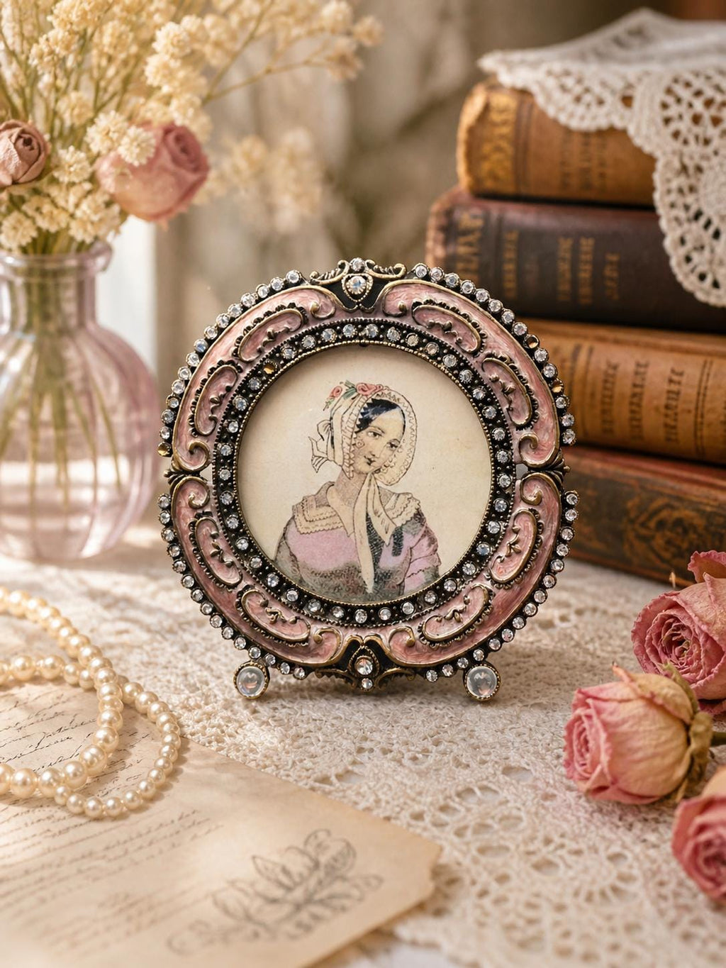 Vintage Jeweled Enamel Miniature Portrait Frame, Round Rhinestone Tabletop Picture Frame, Pink Victorian Style