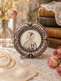 Vintage Jeweled Enamel Miniature Portrait Frame, Round Rhinestone Tabletop Picture Frame, Pink Victorian Style