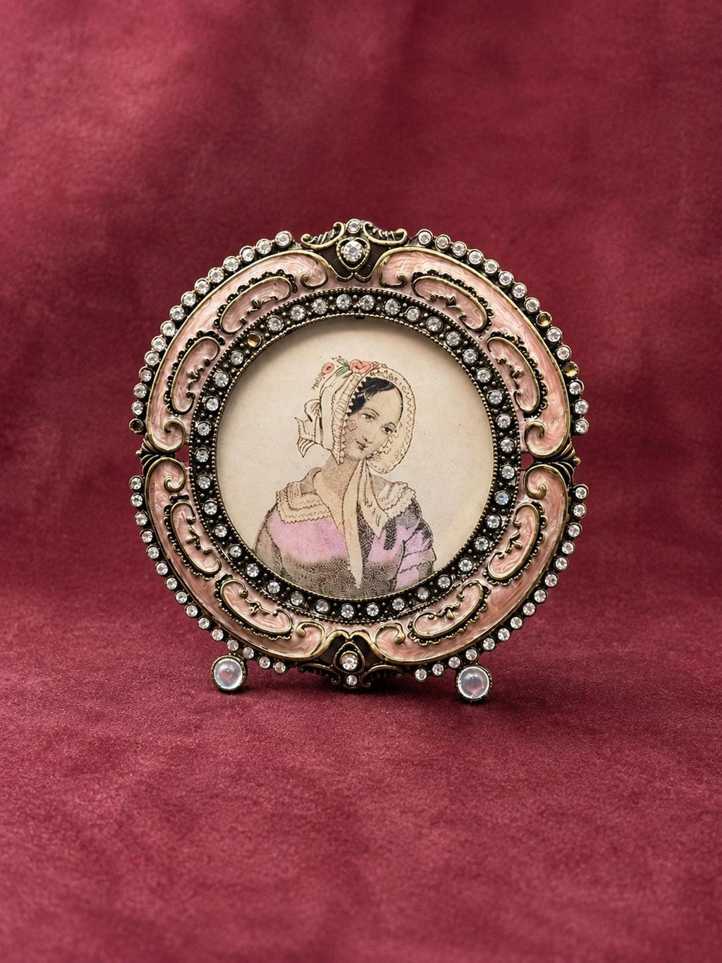 Vintage Jeweled Enamel Miniature Portrait Frame, Round Rhinestone Tabletop Picture Frame, Pink Victorian Style